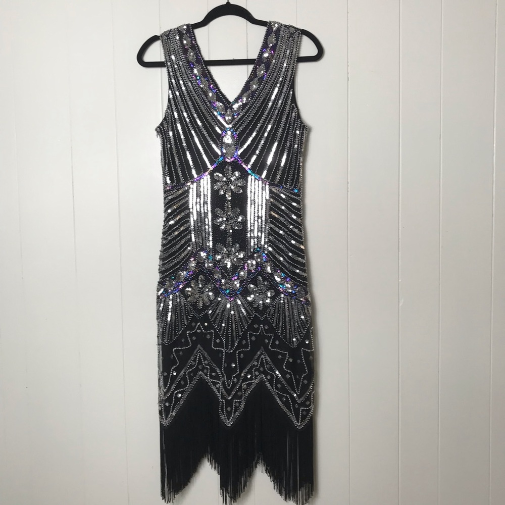 Flapper Sequence 20’s Beaded Fringe Midi Dress Sleeveless Black Silver Purple L